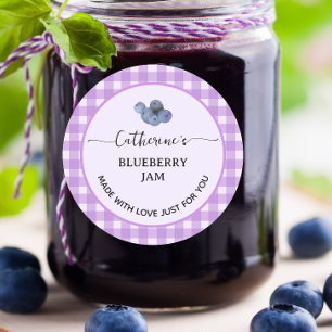 Lila Gingham-Karomuster Selbstgemachte Blaubeermar Runder Aufkleber
