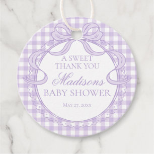 Lila Gingham Kokette Bogen Babyparty Kreis Geschenkanhänger