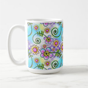 Lila Gingham mit handgezeichnet Blume und Reben Kaffeetasse