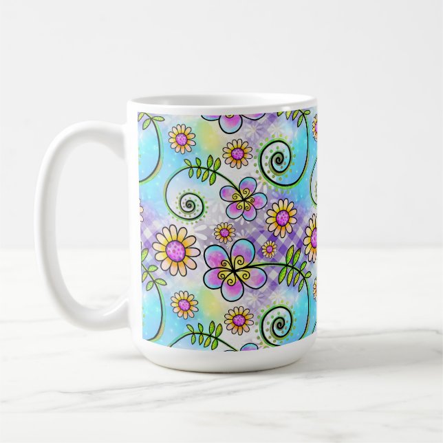 Lila Gingham mit handgezeichnet Blume und Reben Kaffeetasse (Links)