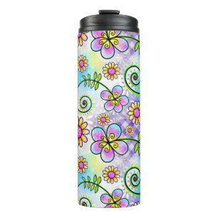 Lila Gingham mit handgezeichnet Blume und Reben Thermosbecher