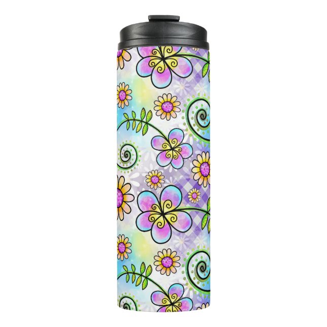 Lila Gingham mit handgezeichnet Blume und Reben Thermosbecher (Vorderseite)