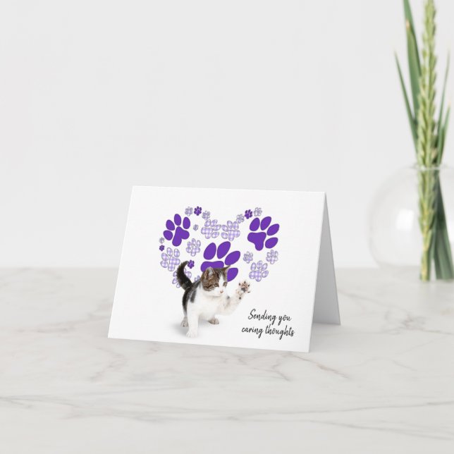 Lila Gingham Pawprint Herz für Katzenverfall Karte (Vorderseite)