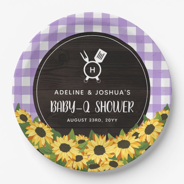 Lila Gingham & Sunflowers Rustic Baby-Q Dusche Pappteller (Vorderseite)