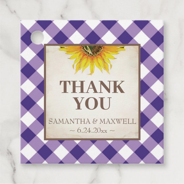 Lila Gingham und Sunflower Vielen Dank Geschenkanhänger (Vorderseite)