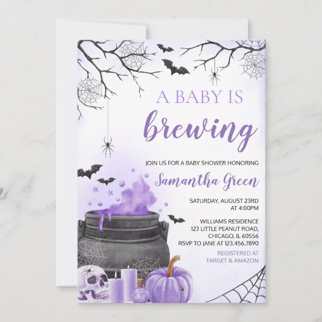 Lila Girl A Baby braut Halloween-Dusche Einladung (Vorderseite)