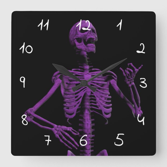 Lila Gitarrenskelett Quadratische Wanduhr (Vorderseite)