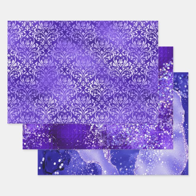 Lila Glam Glitter Funkeln Muster Geschenkpapier Set (Set)