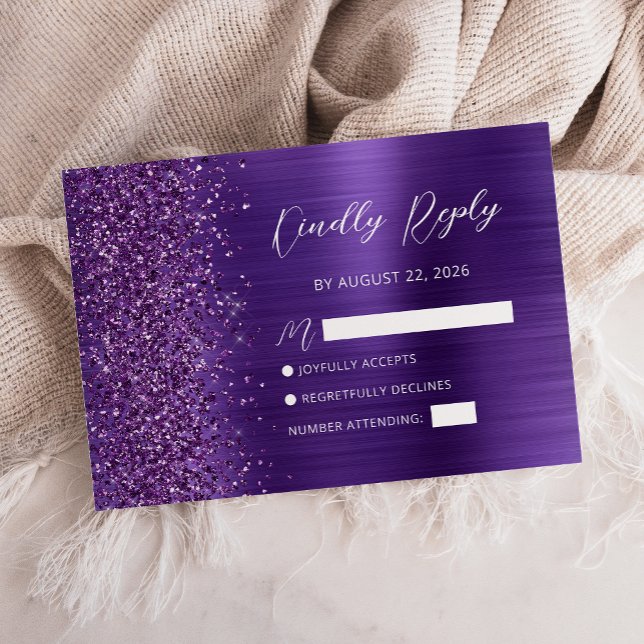 Lila Glam Glitzer Script Wedding RSVP Card Karte (Von Creator hochgeladen)