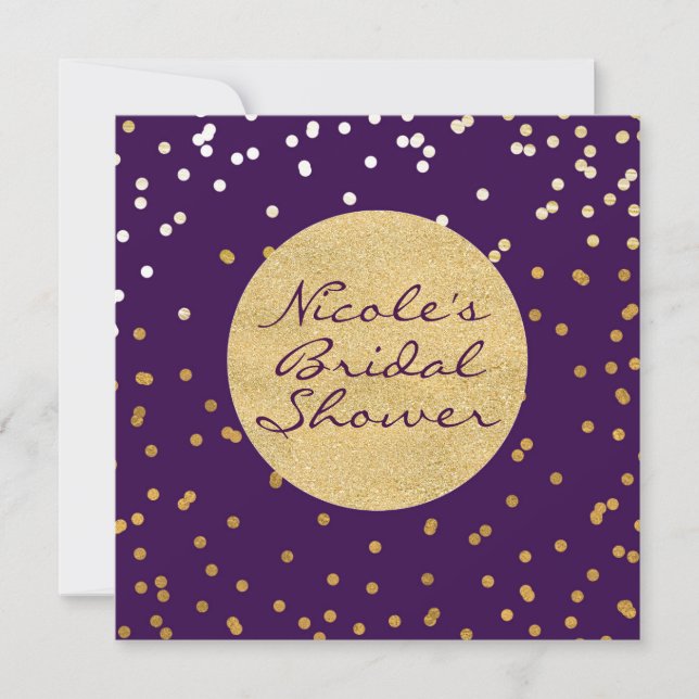 Lila Glam & Gold Shiny Confetti Dots Modern Chic Einladung (Vorderseite)