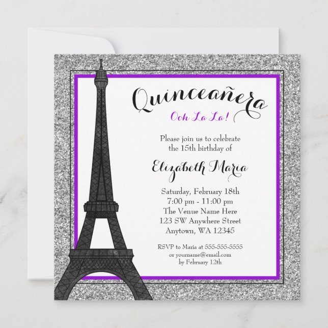 Lila Glam Paris Imitate Silver Glitzer Quinceanera Einladung (Vorderseite)