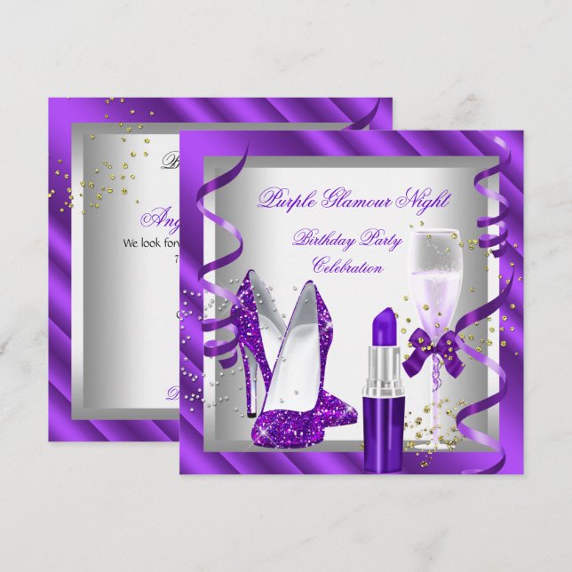 Lila Glamour Night Champagne Party 2 Einladung (Vorne/Hinten)