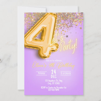 Lila Glitter 4. Geburtstagseinladung Einladung