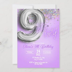 Lila Glitter 9. Geburtstagseinladung Einladung