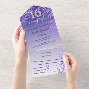Lila Glitter-Calligraphy-Nummer Sweet 16 All In One Einladung