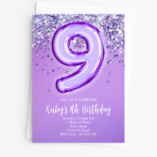 Lila Glitter-Einladung zum 9. Geburtstag Einladung
