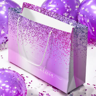 Lila Glitter Funkeln Metall Monogramm Name Große Geschenktüte