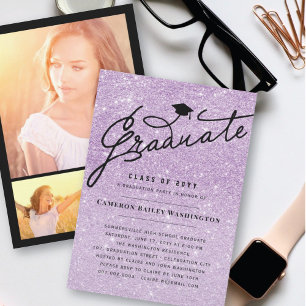 Lila Glitter Glam Absolvent Abschlussmütze Party Einladung