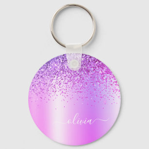 Lila Glitter Glam Metall Monogramm Name Schlüsselanhänger