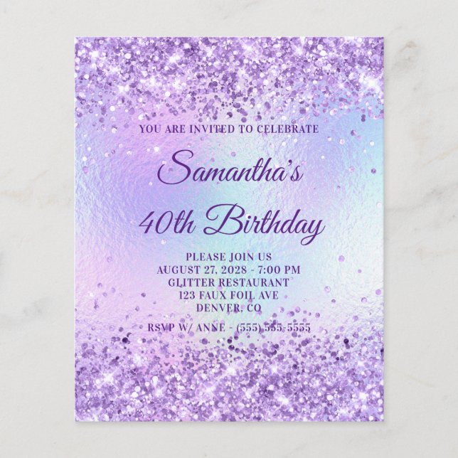 Lila Glitter Irisierender Regenbogen 40. Geburtsta Flyer (Vorne)