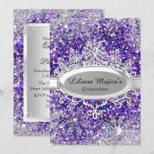 Lila Glitter Kristall-Schneeflocke Quinceanera Einladung