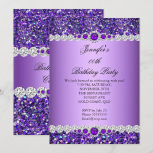 Lila Glitter Perle Diamant Geburtstagsfeier Einladung