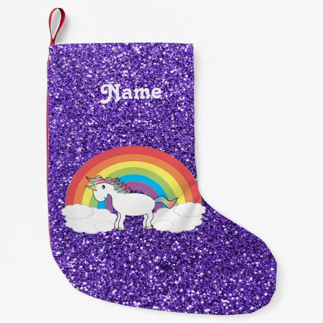 Lila Glitter personalisierten Namensregenbogen Kleiner Weihnachtsstrumpf (Vorderseite)