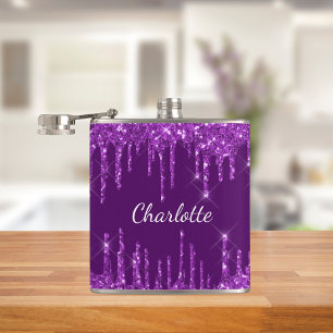 Lila Glitter-Tropfen Monogramm Name Flachmann