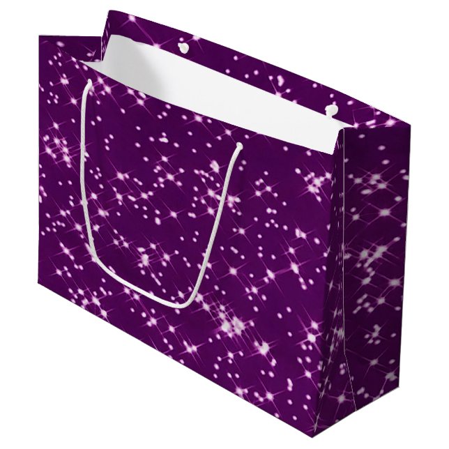 Lila Glittersterne Große Geschenktüte (Vorderseite Schrägansicht)