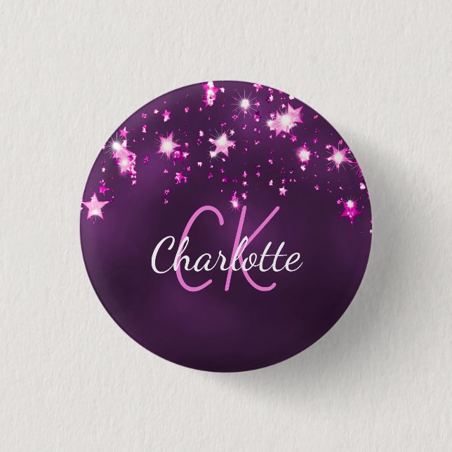 Lila Glittersterne individuelles Monogramm rosa Button (Vorderseite)