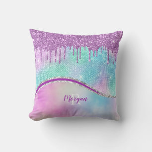 Lila Glittertropfen & Glanz, Name & Monogramm Kissen