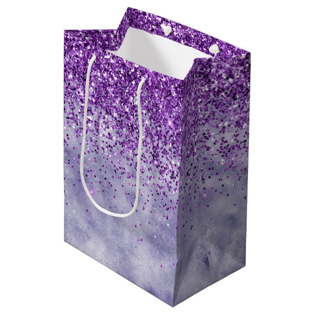 Lila Glitz-Glitzer Mittlere Geschenktüte (Vorderseite Schrägansicht)