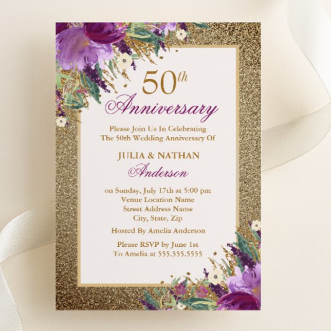 Lila Glitzer Amethyst Floral 50 Jahre Jubiläum Einladung (Von Creator hochgeladen)