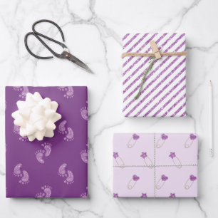 Lila Glitzer Baby Feet Babydusche Geschenkpapier Set
