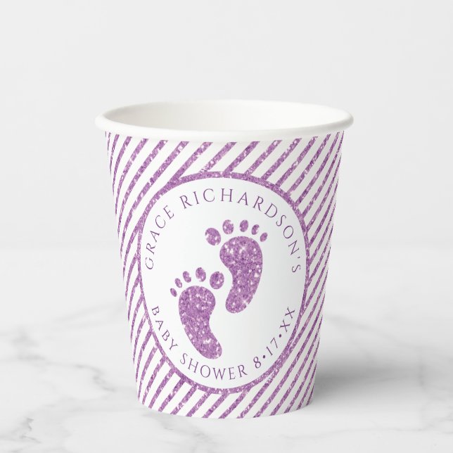 Lila Glitzer Baby Feet Babydusche Personalisiert Pappbecher (Vorderseite)