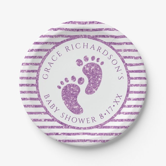 Lila Glitzer Baby Feet Babydusche Personalisiert Pappteller (Vorderseite)
