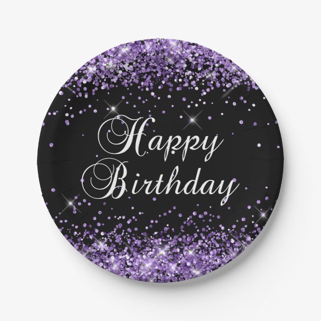 Lila Glitzer Black Happy Geburtstag Pappteller (Vorderseite)