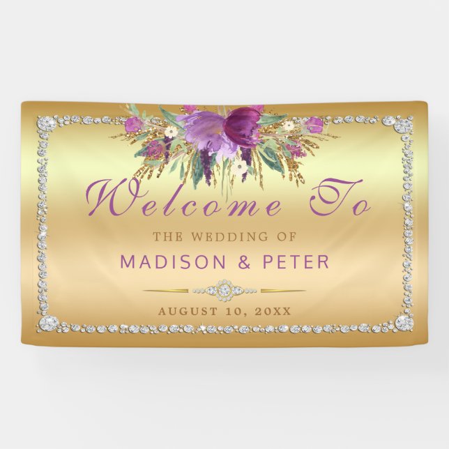 Lila Glitzer Blume Diamanten Hochzeit Banner (Horizontal)