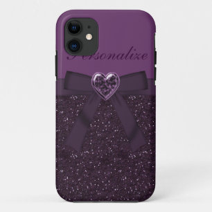 Lila Glitzer-, Bogen-u. Herz-Druckjuwel iPhone 11 Hülle