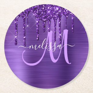 Lila Glitzer Brush Metal Monogramm Runder Pappuntersetzer