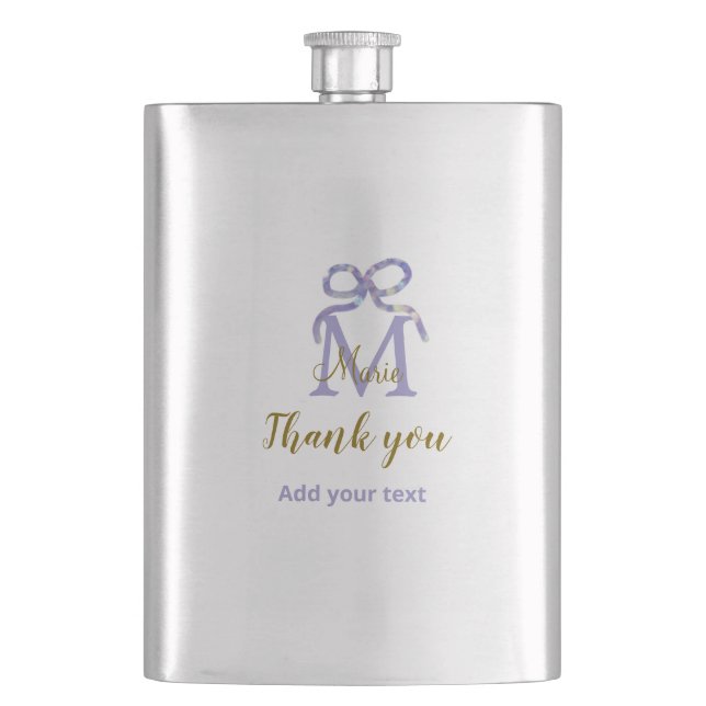 Lila Glitzer-Bug Namensbrief Monogramm Dankeschön Flachmann (Vorderseite)