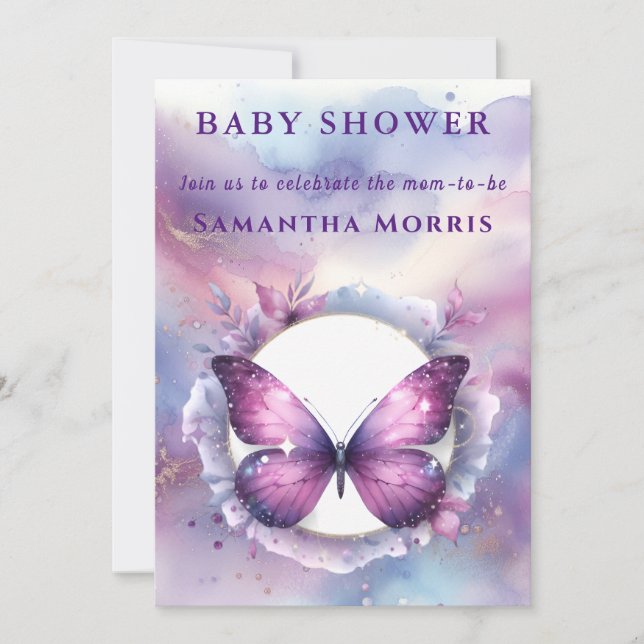 Lila Glitzer Butterfly Babydusche Einladung (Vorderseite)
