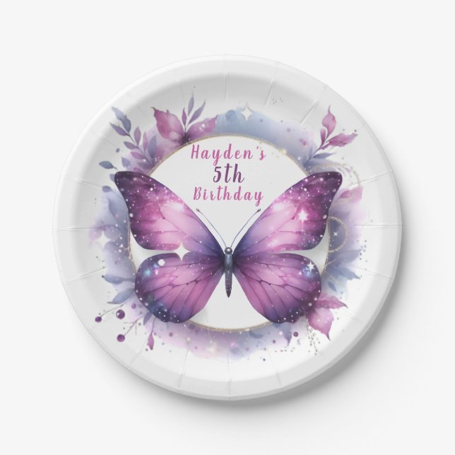 Lila Glitzer Butterfly - Geburtstag Pappteller (Vorderseite)
