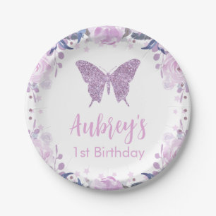 Lila Glitzer Butterfly Geburtstagspapier Napkin Pappteller