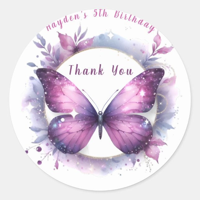 Lila Glitzer Butterfly - Vielen Dank zum Geburtsta Runder Aufkleber (Vorderseite)