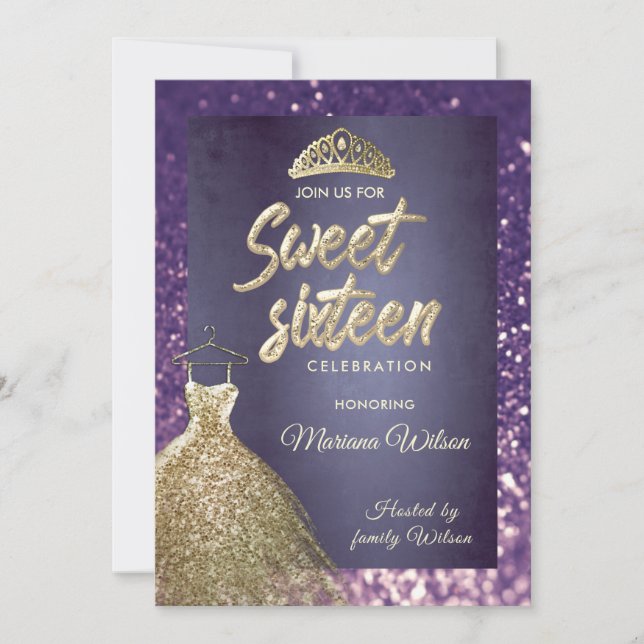 Lila Glitzer Chic Gold Kleid tiara Sweet 16 Einladung (Vorderseite)
