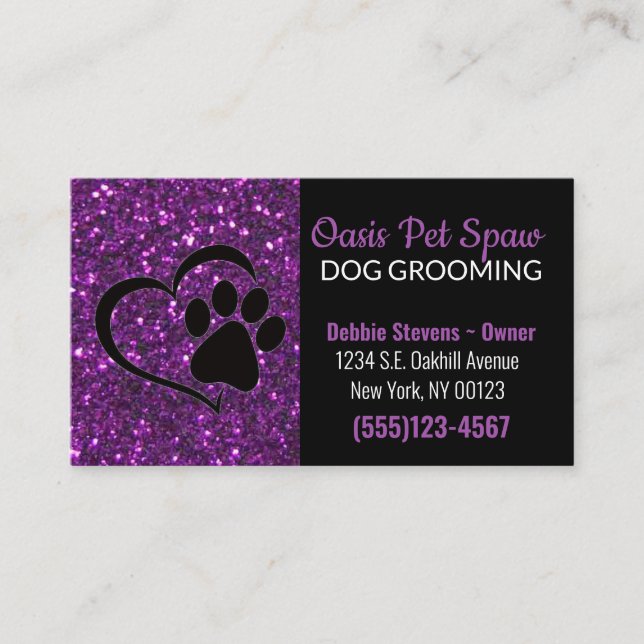 Lila Glitzer Design Dog Pet Grooming Service Visitenkarte (Vorderseite)
