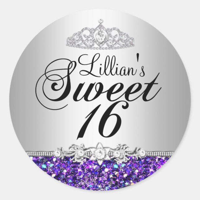 Lila Glitzer & Diamond Tiara Sweet 16 Sticker (Vorderseite)