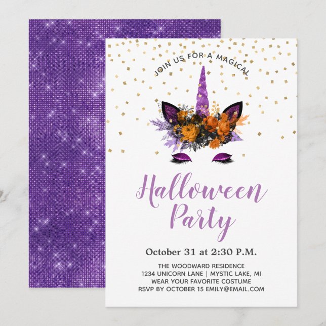Lila Glitzer Einhorn Halloween-Party Einladung (Vorne/Hinten)