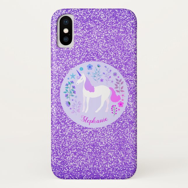 Lila Glitzer Einhorn Rosa Personalisiert Case-Mate iPhone Hülle (Rückseite)